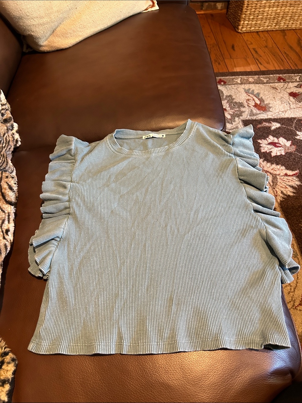 Zara Light Blue Ribbed Ruffle Sleeve Tee